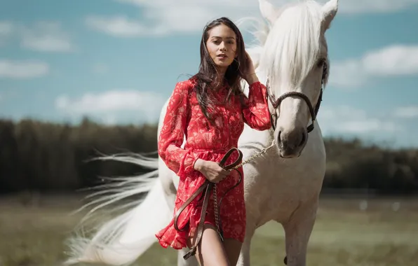 Picture look, girl, nature, the wind, horse, dress, bokeh, Nikita Tikkа