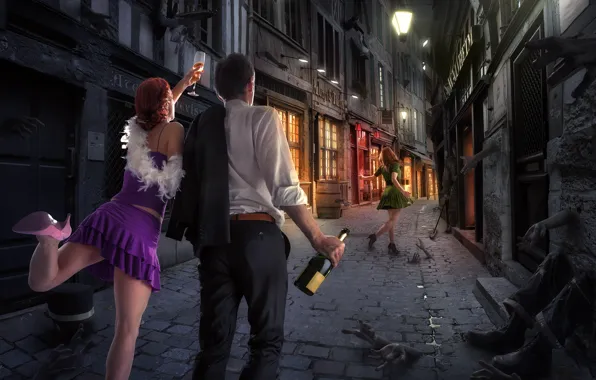 Girl, street, bottle, pair, guy, night city, fun
