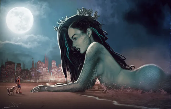 Beach, Girl, Night, The city, The moon, People, Mermaid, Large