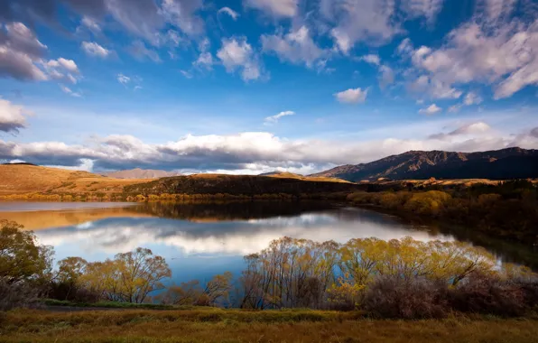 Picture autumn, the sky, grass, clouds, mountains, lake, day, the bushes