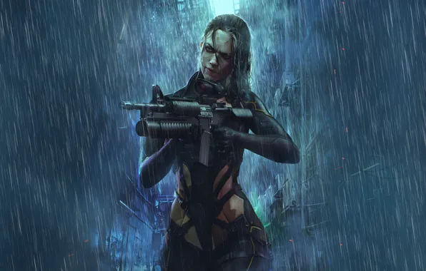 Girl, Rain, Style, Girl, Weapons, Fantasy, Machine, Art