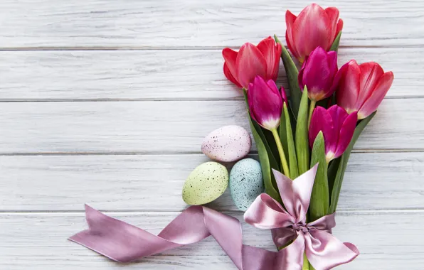 Flowers, eggs, colorful, Easter, tulips, wood, pink, flowers