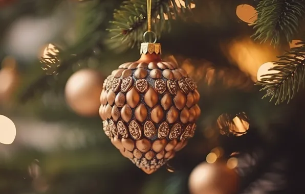 Decoration, background, tree, ball, New Year, Christmas, golden, new year