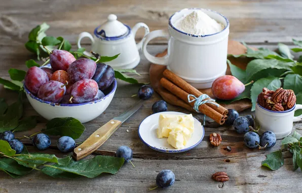 Picture leaves, oil, dishes, fruit, nuts, cinnamon, plum