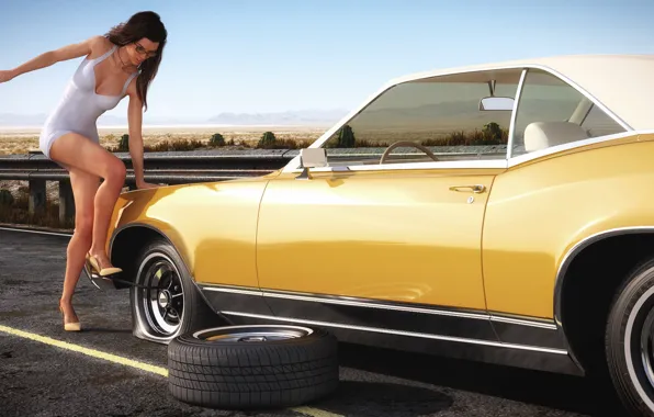 Woman, car, repair, Buick Riviera, Flat tire in the desert