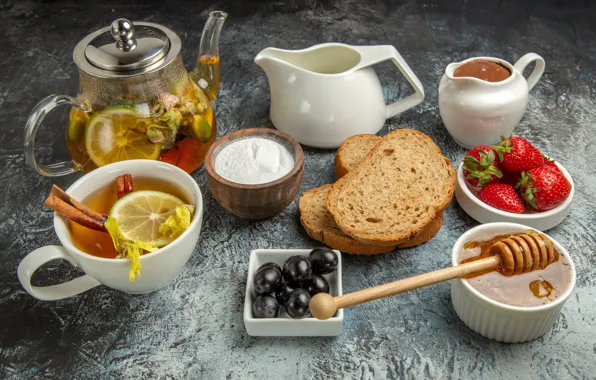 Berries, table, tea, kettle, strawberry, bread, grapes, the tea party