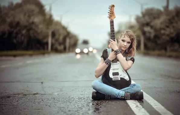 Picture road, girl, music, guitar
