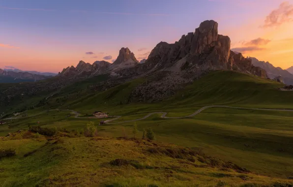 Road, sunset, mountains, hills, height, the evening, Italy, haze