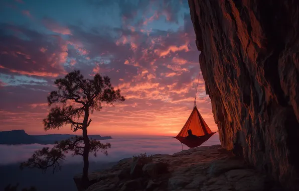 The sky, clouds, landscape, sunset, mountains, tree, rocks, people