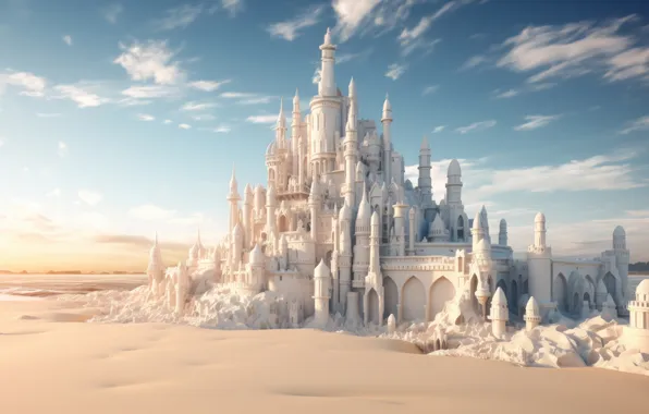 Sand, the sky, clouds, fog, castle, shore, morning, fantasy