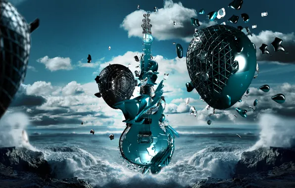 Picture sea, wave, music, guitar, rock