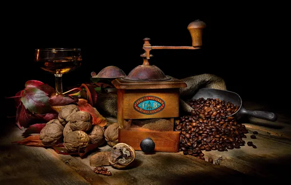Picture wine, glass, coffee, food, black background, nuts, still life, items