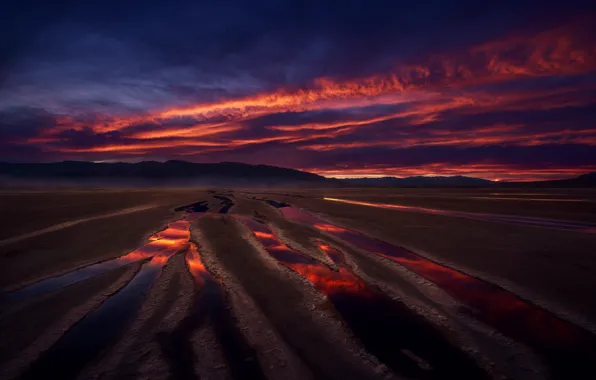 Sand, the sky, reflection, sunset, morning, puddles
