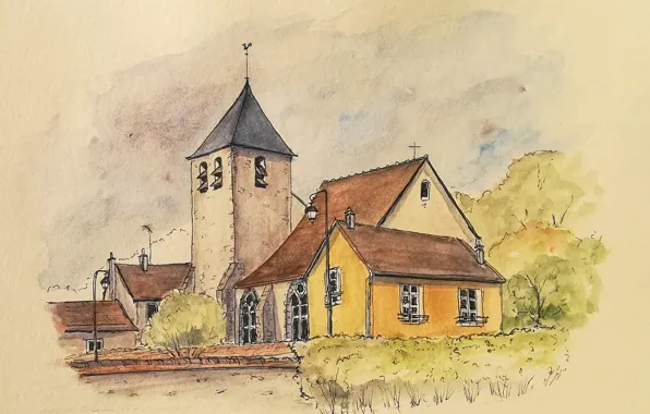 Landscape, figure, tower, home, watercolor