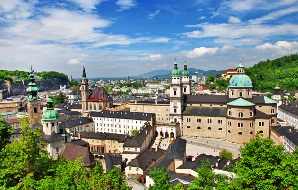 Picture greens, clouds, trees, the city, building, home, Austria, Cathedral