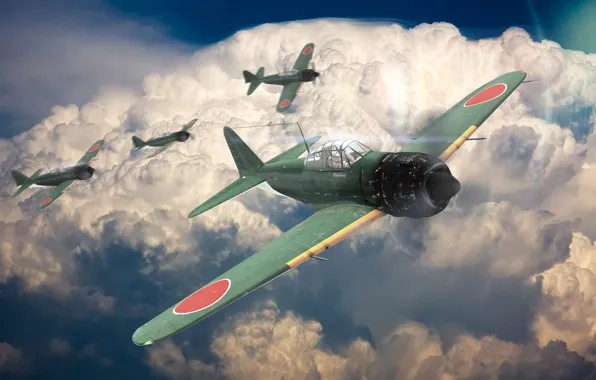 The sky, clouds, the plane, war, fighter, zero, A6M5, war thunder