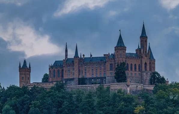 Forest, the sky, clouds, trees, castle, wall, Germany, tower