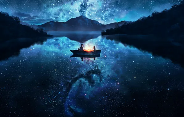 The sky, water, girl, stars, trees, mountains, night, nature
