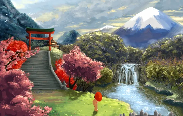 Landscape, river, Asia, mountain, waterfall, umbrella, Sakura, art