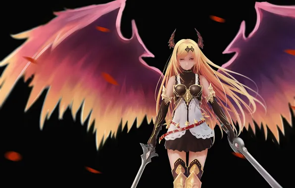 Picture look, girl, weapons, background, anger, wings, art, shingeki no bahamut