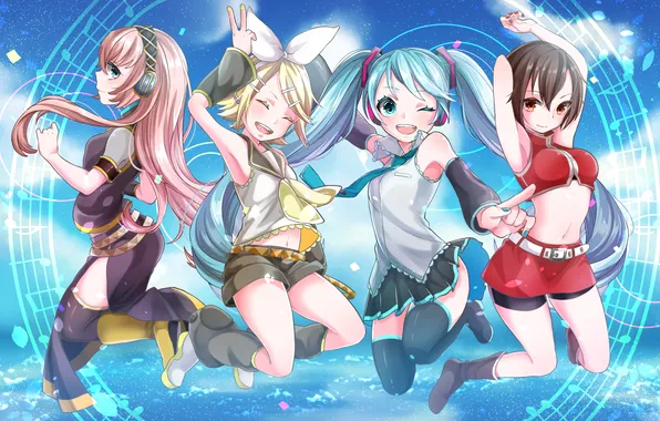The sky, clouds, joy, girls, anime, headphones, art, vocaloid