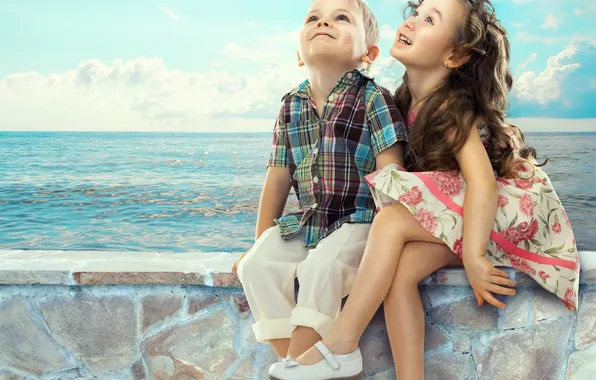 Sea, joy, children, mood, boy, girl, friends