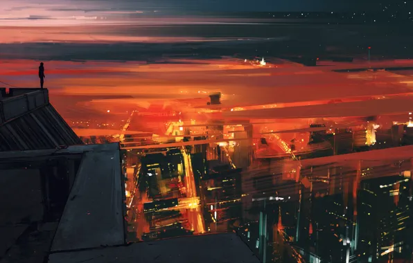 Sunset, the city, silhouette, by Aenami