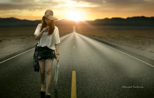 Picture road, girl, sunset
