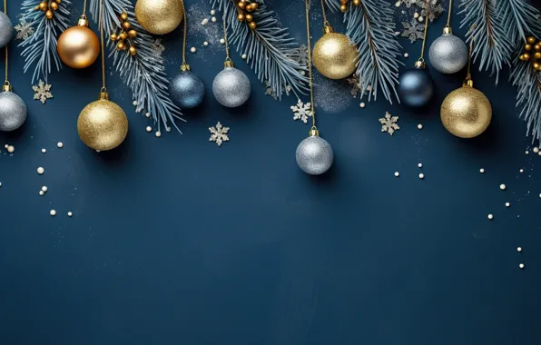 Snowflakes, background, balls, New Year, Christmas, golden, new year, happy