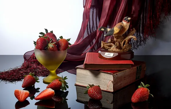 Picture style, reflection, berries, books, strawberry, figurine, bird, still life