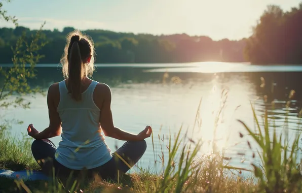 Forest, summer, grass, girl, light, lake, shore, calm