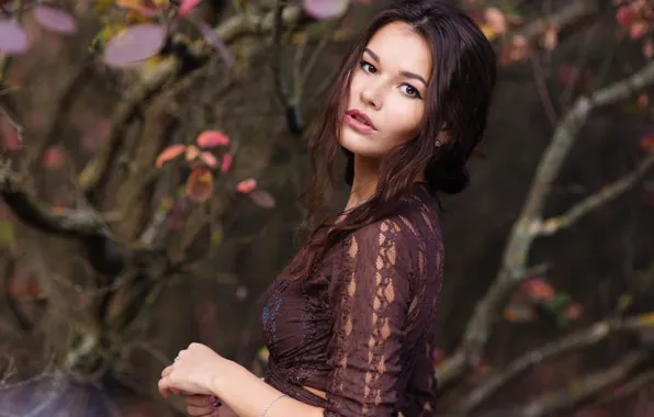 Picture look, branches, brunette, hairstyle, blouse, beautiful, one, walks