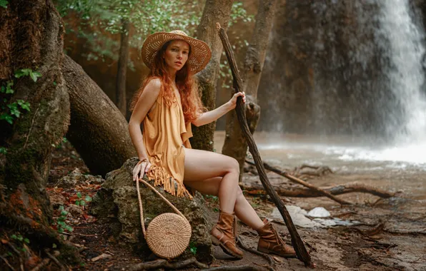 Girl, nature, waterfall, red, George Chernyadev, Oksana Butovskaya, Oksana Butovo, Georgy Chernyadyev