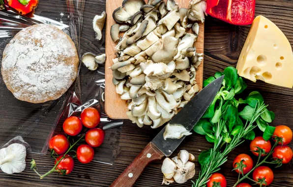 Mushrooms, cheese, pepper, tomato, the dough, blanks for pizza