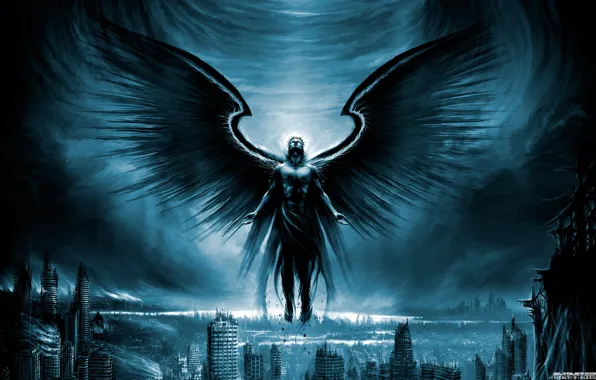 Picture the city, wings, ruins, the Archangel