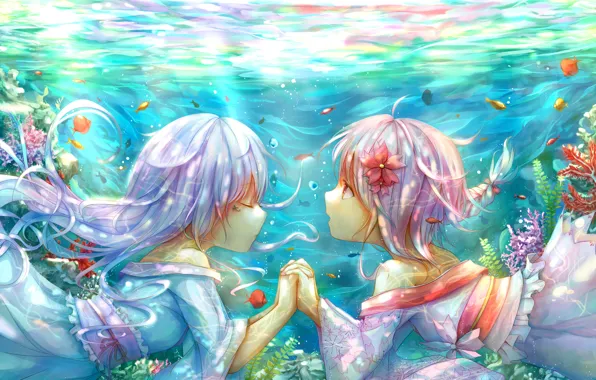 Fish, flowers, girls, anime, art, kimono, under water