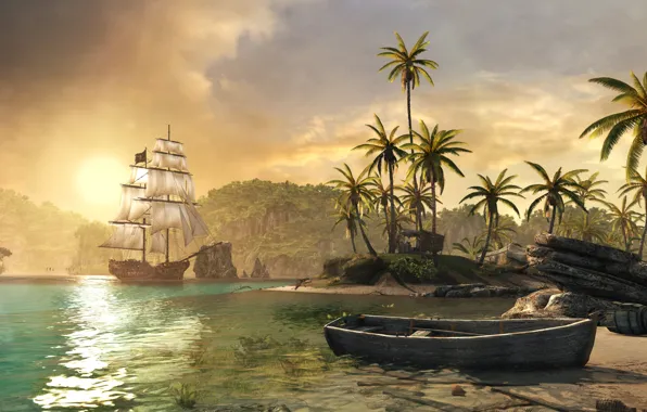 Ship, island, Black Flag, Assassin's Creed IV
