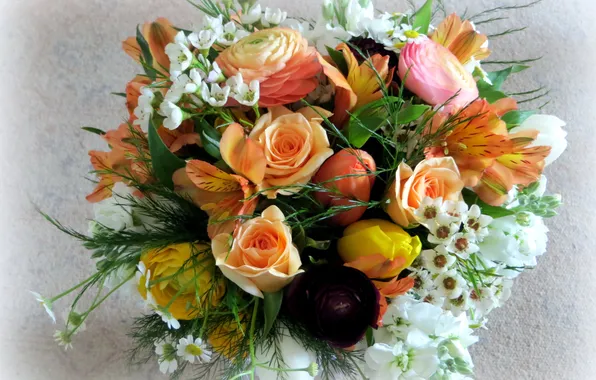 Bouquet, Roses, Buttercup, Alstremeria, Hellebore