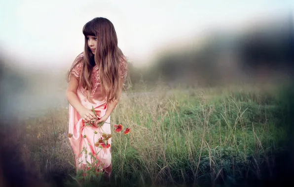 Picture LOOK, NATURE, GRASS, FIELD, DRESS, FLOWERS, GIRL