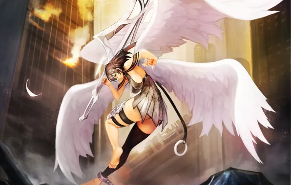 The city, Girl, wings, angel, sword, chain