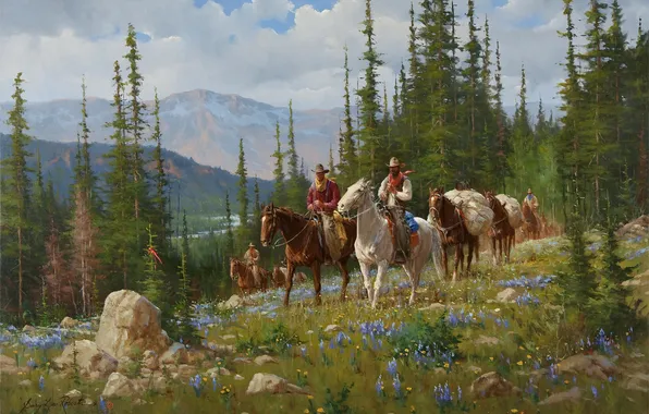 Picture forest, mountains, nature, horses, America, forest, riders, west