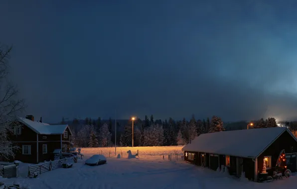Winter, snow, dawn, morning, houses, Finland, Lapland