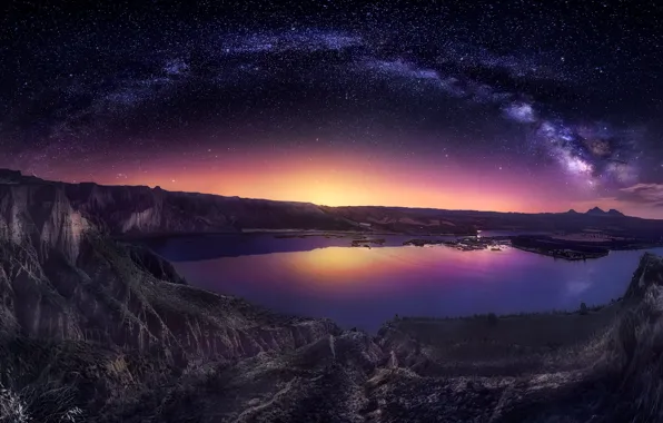 The sky, light, mountains, night, lake, the milky way
