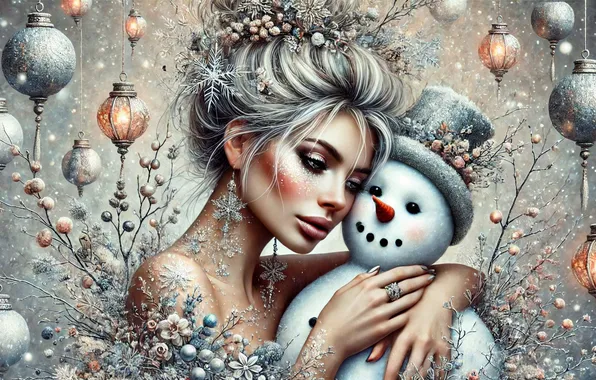 Girl, Christmas, blonde, New year, snowman, lanterns, twigs, AI art