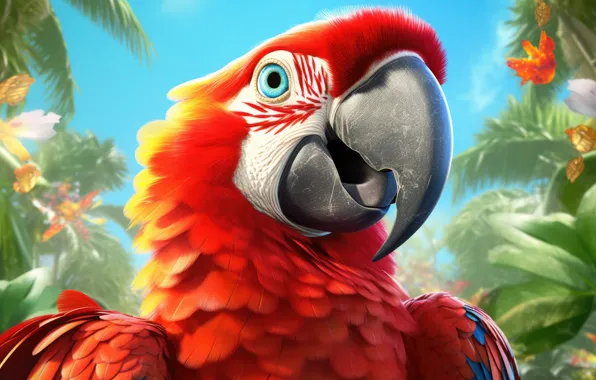 Look, red, bird, parrot, Ara, AI art, neural network