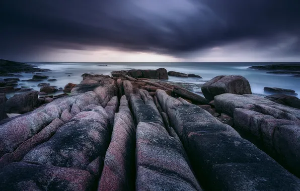 Sea, the sky, clouds, stones, rocks, shore, horizon, rocky