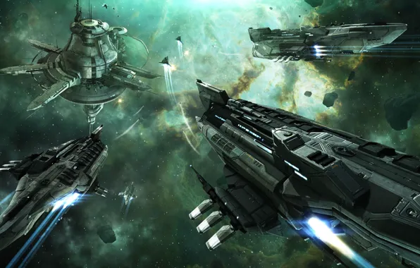 Nebula, station, asteroids, Space, space, ruins, battle, spaceship