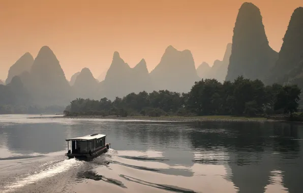 Sunset, river, Boat