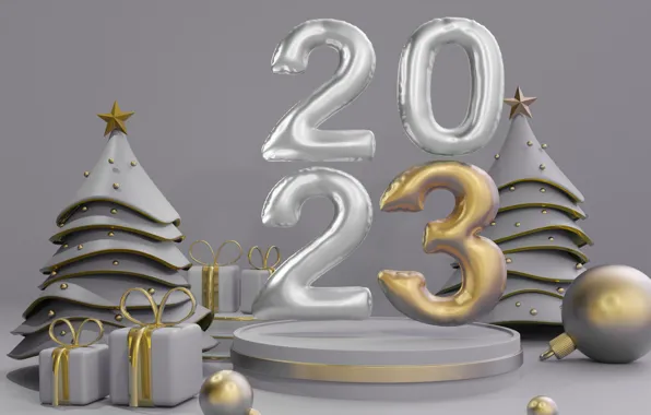 Balls, rendering, silver, figures, New year, grey background, herringbone, box
