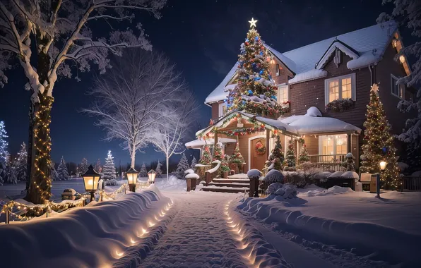 Picture snow, decoration, night, lights, house, tree, colorful, Christmas